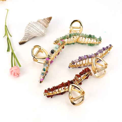 Vintage Gold Alloy Hair Claw Clip With Natural Crystal Gravel Stone Decoration Elegant Handmade Hair Accessory For Women