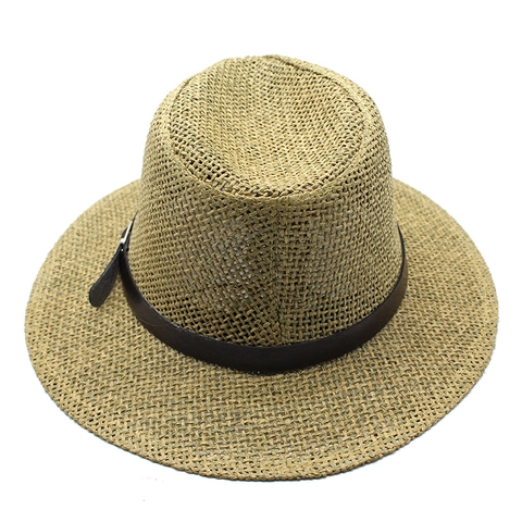 Fedora Hoed Stro Papier Ademend Zonbescherming Outdoor Strand Jazz Pet Leren Riem Gesp Decor Unisex