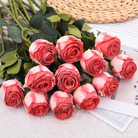 Künstliche Rosenblüte Einzelner Stiel Polyester Satin Realistische Gebrannte Kante Vintage Heim Hochzeit Dekoration