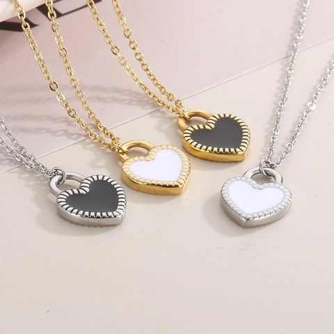 Heart Lock Pendant Necklace Stud Earrings And Bangle Stainless Steel Enamel Plated Jewelry For Women Trendy