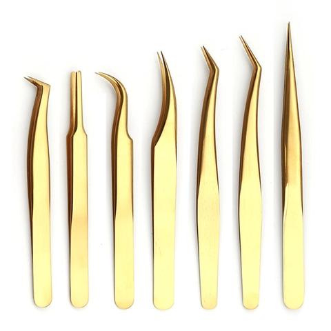Professional Eyelash Extension Tweezers High Precision Stainless Steel Grafting Blooming Makeup Beauty Tools Gold Coating