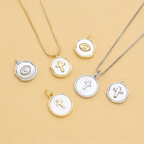 Pendente Collana In Rame Placcato Oro 18K Donna Croce Religiosa E Malocchio Ciondoli In Madreperla Naturale