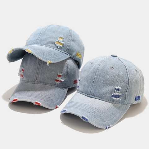 Berretto Da Baseball In Denim Lavato Ricamato Distressed Ripped Retro Vintage Streetwear Protezione Solare Cappello Regolabile Uomini Donne