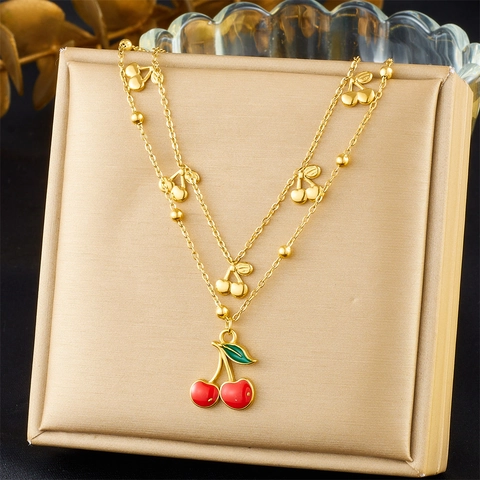 Collier Multi Rangs En Acier Inoxydable Avec Pendentifs Cerises En Émail Bijou Fruit Doré Style Doux Pour Femmes