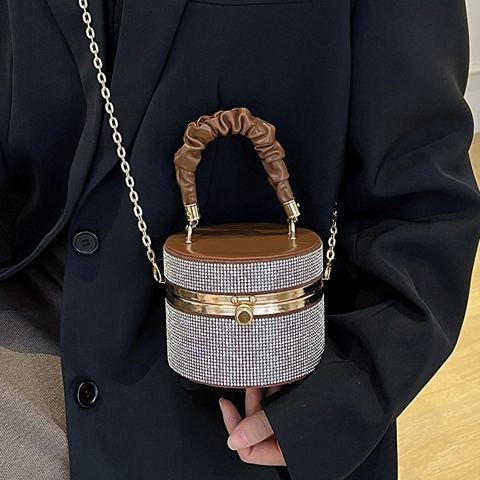 Rhinestone Evening Bag Cylindrical Bucket Handbag With Pleated Handle And Metal Chain Strap PU Leather Shiny Party Purse