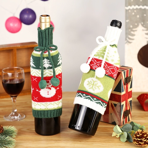 Christmas Wine Bottle Covers Knitted Polyester Reindeer Snowman Pattern Holiday Party Dinner Table Decoration Drawstring Pom Pom Decor