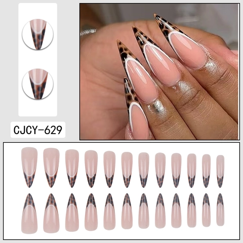 Uñas Postizas Largas Stiletto Estampado Leopardo French Tip Brillo Rosa Nude Uñas Artificiales Para Mujeres