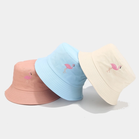 Flamingo Embroidered Cotton Bucket Hat Sun Protection Casual Outdoor Macaron Colors Fisherman Cap For Women Men
