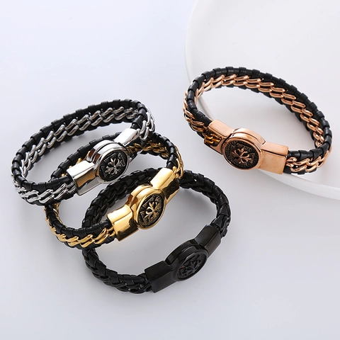 Bracciale In Pelle Intrecciata Da Uomo Acciaio Inossidabile 304 Catena Giuntata Croce Incisa Gioielli Punk Rock Retro Corda Da Mano Maschile
