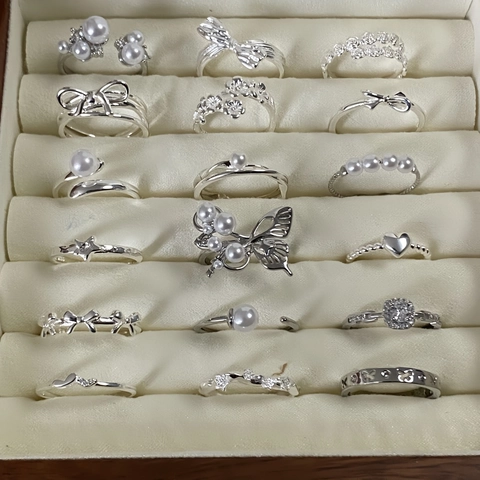 Koreanischer Stil Versilberte Kupfer Offene Ringe Für Damen Minimalistisch Künstliche Perle Strass Schmetterling Verstellbarer Fingerring Schmuck