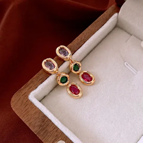 Vintage Dreistufige Hängeohrringe Mit Silbernem Ohrstecker Lila Grün Rot Ovaler Zirkon Kupfer Schmuck Für Damen