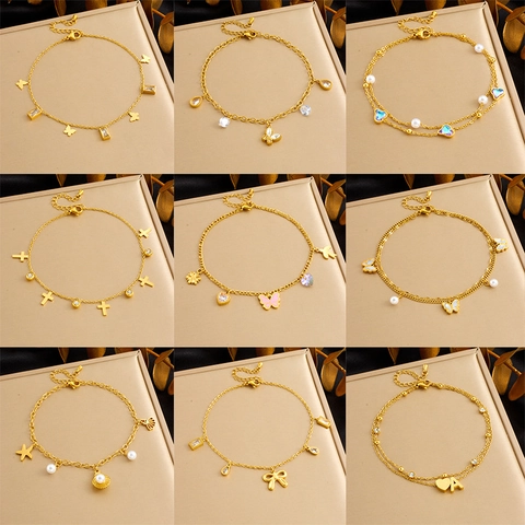 Cavigliere In Acciaio Inossidabile Placcato Oro Per Donna Spiaggia Estate Farfalla Cuore Stella Marina Perla Artificial Zircone Piedi