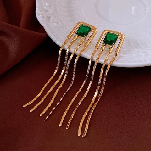 Pendientes Borla Circón Verde Cuadrado Cobre Vintage Geométrico Cadena Larga Con Poste Plata De Ley 925