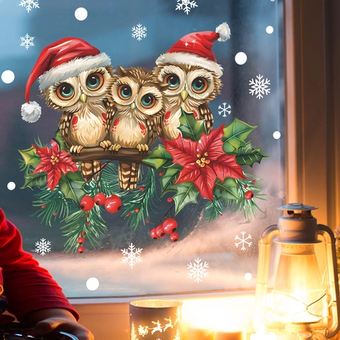 Christmas Owl Window Stickers Static Cling Decals PVC Snowflake Poinsettia Decorative For Glass Door Holiday Home Decor