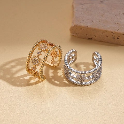 Anillo Calado Estrella Celestial Cobre Circonita Ajustable Lujo Vintage Borde De Cuentas Joyería De Moda Mujer