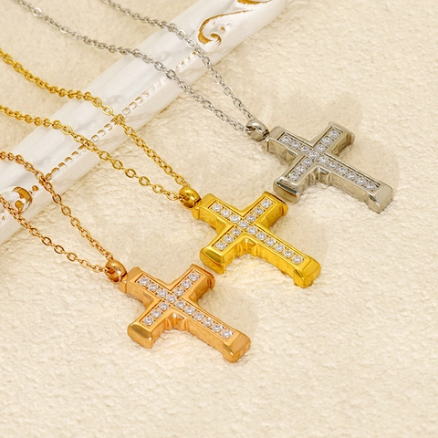 Collana A Croce Acciaio Inossidabile Placcato Oro 18K Zircone Pendente Gioielli Vintage Hip Hop Per Coppie