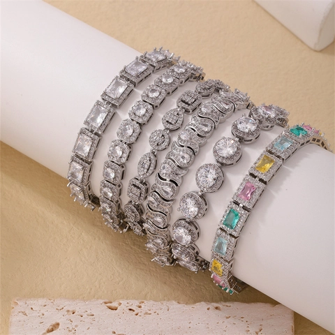 Pulsera Geométrica De Cobre Para Mujer Circonita Cúbica Redonda Cuadrada Engaste Halo Gema Colorida Cadena De Tenis