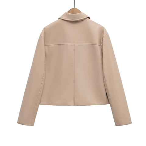 Damen Fashion PU Lederjacke Revers Langarm Lockere Kurzjacke Mit Taschen Einfarbig Casual Streetwear Top