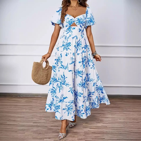Women Floral Print Maxi Dress Polyester Puff Sleeve Cut Out Waist Tiered Layered Skirt Boho Vacation Elegant Summer