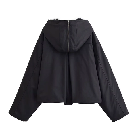 Chaqueta Corta Con Capucha Negra Para Mujer Con Cuello De Piel Sintética Poliéster Cremallera Exterior Color Sólido Casual