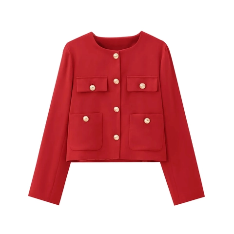 Women Short Jacket Elegant Round Neck Solid Color Golden Buttons Multiple Pockets Polyester Blazer Outerwear