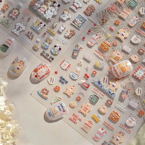 3D Embossed Nail Art Stickers Cute Cartoon Dog Bear Food Dessert Pattern Self Adhesive DIY Manicure Decorative Decals