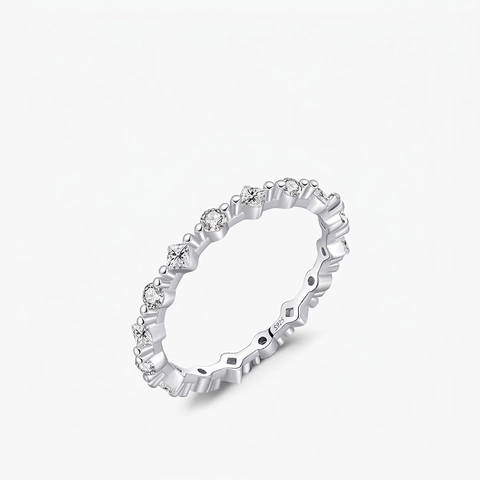 925 Sterling Silver Eternity Ring Alternating Round And Princess Cut Cubic Zirconia Thin Minimalist Band For Women