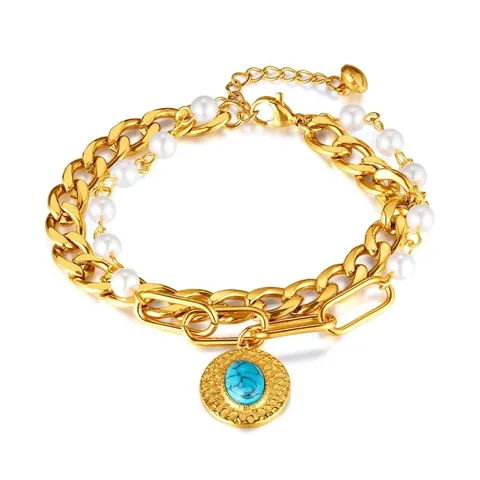 Bracciale Doppio Strato In Acciaio Inossidabile Con Künstliche Perle Sintetiche E Ciondolo Turchese Charm Rotondo Geometrico Retrò Donna