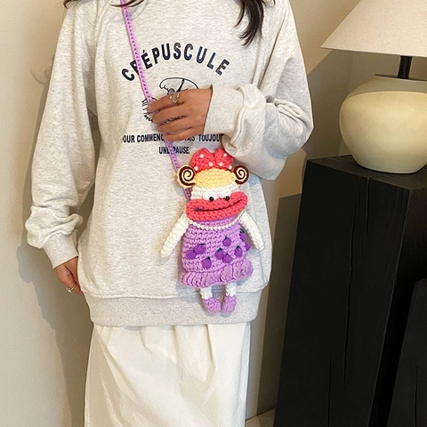 Bolso Bandolera De Crochet Hecho A Mano Muñeca De Dibujos Animados Hilo De Tejer Cereza Uva Collar Perlas Artificiales Kawaii