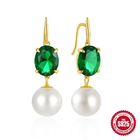 Élégantes Boucles d'Oreilles Pendantes en Perle et Zirconia Vert Émeraude Argent Sterling S925 Style Rétro Français Bijoux pour Femmes