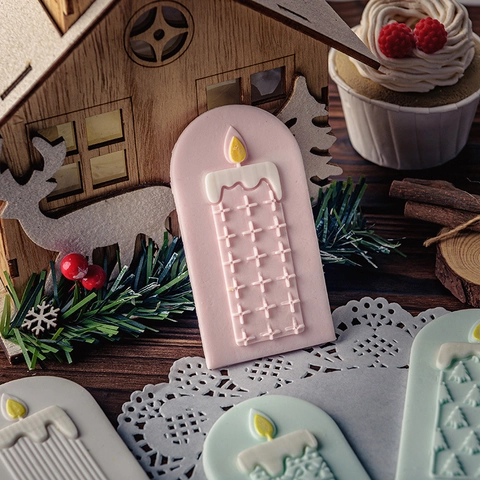 Christmas Candle Cookie Molds Acrylic PLA Plastic Fondant Stamps 3D Embossed Holiday Baking DIY Dessert Decoration Festive