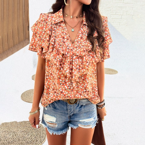Dames Blouse Met V-Hals En Bloemenprint Ruches Korte Mouwen Pullover Elegant Casual Polyester Tops