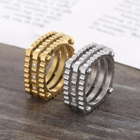 Anillo Engranaje Mecánico Acero Titanio Tres Capas Remache Cuadrado Hip Hop Hombre Circón Incrustado Joyería Industrial