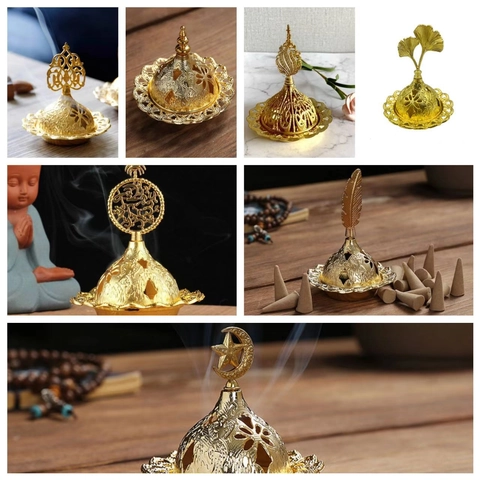 Brûleur Encens Arabe Métal Alliage Zinc Évidé Style Moyen Orient Décor Maison Ramadan Eid Cadeau Religieux Doré