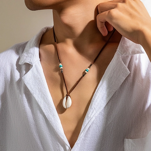 Shell Pendant Necklace Velvet Cord Wood Turquoise Beads Bohemian Beach Surfer Jewelry Men