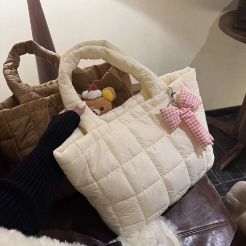 Women Quilted Tote Bag Puffy Handbag Soft Square Pattern Nylon Large Capacity Daily Commuting Winter Casual
