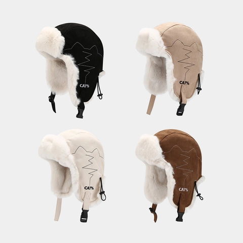 Chapeau Aviateur D'Hiver Suède Synthétique Fausse Fourrure Coupe-Vent Chaud Oreillettes Boucle Réglable