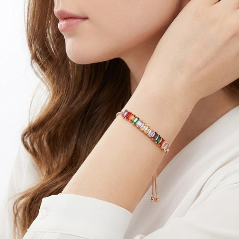 Fashionable Copper Zirconia Adjustable Tennis Bracelet For Women Multicolor Crystal Pull-out Chain Minimalist Hand Jewelry