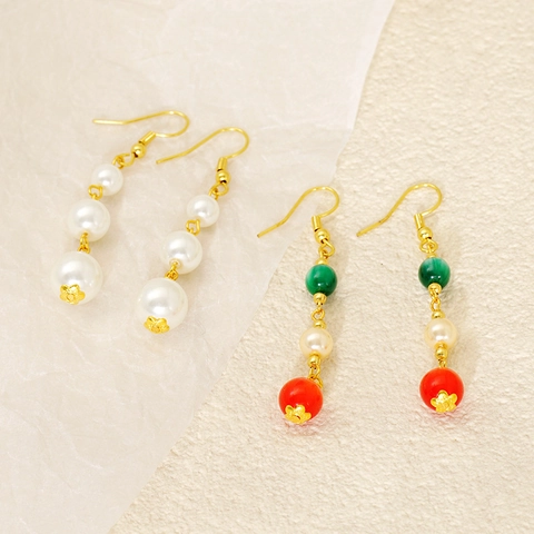 Pendientes Colgantes De Acero Inoxidable Chapado En Oro 18K Con Perla Artificial Ágata Jaspe Joyería Retro Elegante Mujer
