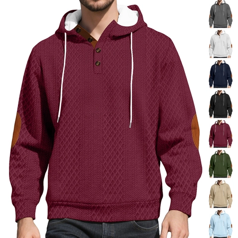 Men Knit Jacquard Hoodie Button Neck Long Sleeve Sweatshirt With Contrast Elbow Patches Casual Urban Loose Fit Pullover