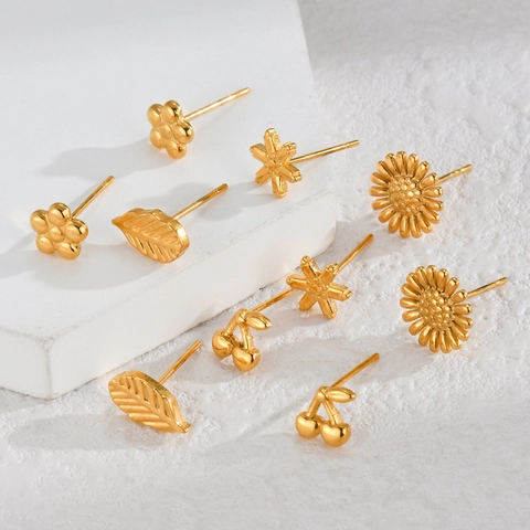 Pendientes De Botón De Acero Inoxidable Chapado En Oro Minimalista Naturaleza Flor Hoja Copo De Nieve Pequeño Joyas Mujeres Oficina