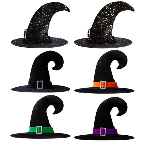 Cappello Da Strega Halloween Cappello Da Mago Velluto Punta Storta Fibbia Strass Stella Luna Per Festa Cosplay