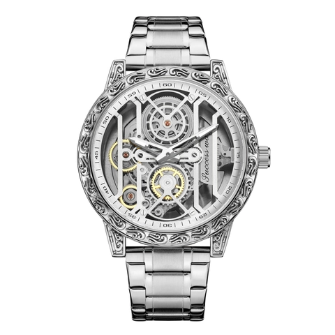 Men Mechanical Watch Skeleton Hollow Dial Engraved Bezel Alloy Metal Strap Casual Business Wristwatch For Men