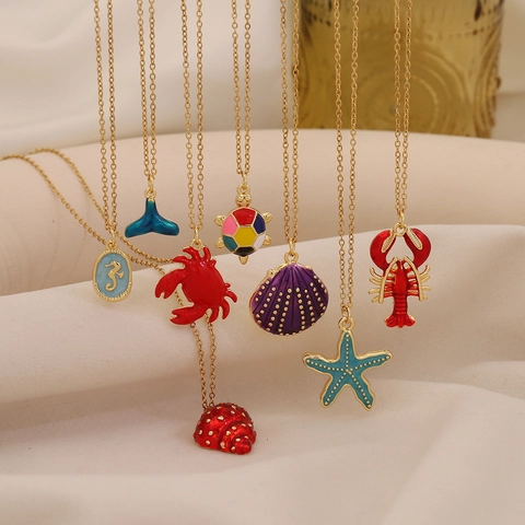 Ocean Theme Pendant Necklace Colorful Enamel Starfish Shell Gold Plated Copper Stainless Steel Vacation Beach Jewelry Women