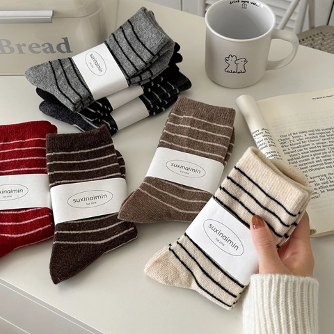 Damen Crew Socken Wollmischung Strick Warm Dick Gestreift Gerippt Japanischer Koreanischer Stil Lässige Socken