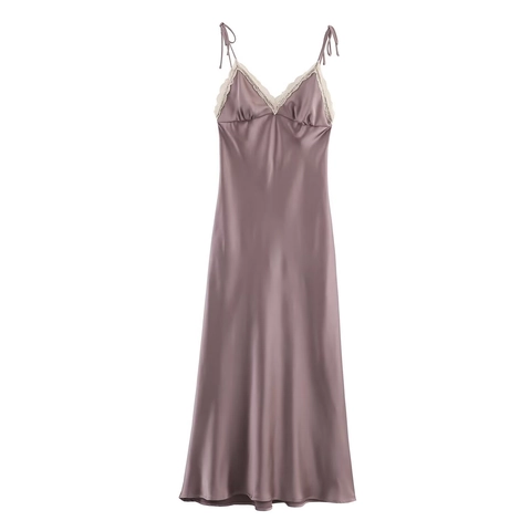 Vestido Midi De Satén Con Ribete De Encaje Tirantes Atados Cuello En V Elegante Color Sólido Para Mujeres