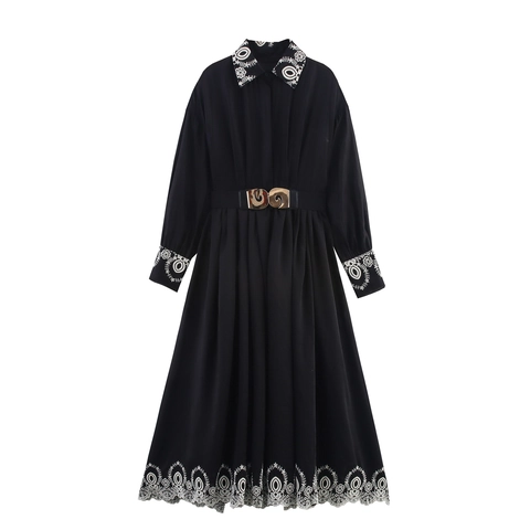 Elegante Geborduurde Maxi Jurk Met Lange Mouwen Polyester Overhemdstijl Met Riem Gouden Gesp Vintage