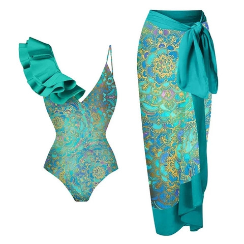 Women One Shoulder One Piece Swimsuit And Wrap Skirt Mandala Print Ruffle Bohemian Beach Vacation Bathing Suit