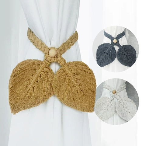 Macrame Curtain Tiebacks Leaf Shape Hand Woven Cotton Rope With Wood Beads Boho Style Window Decorative Tie Backs