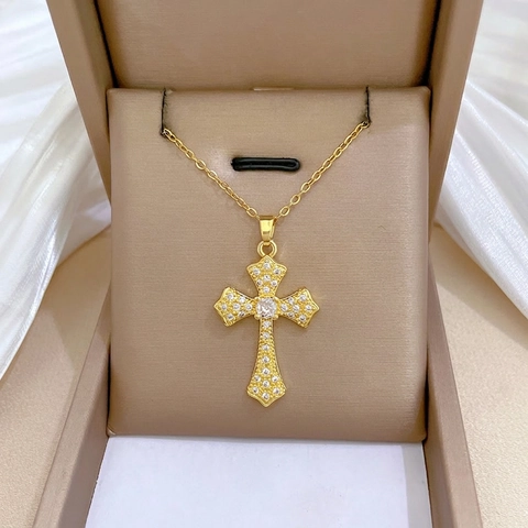 Luxe Roestvrij Stalen Kruis Hanger Halsketting Voor Vrouwen Vergulde Strass Sleutelbeen Ketting Sieraden Cadeau